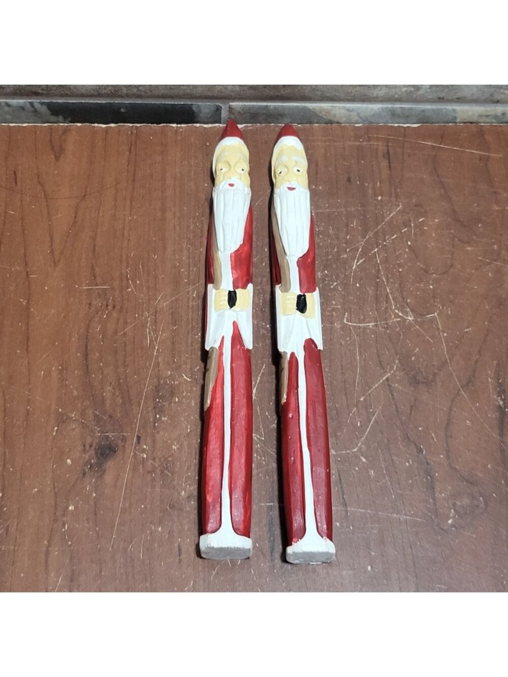 Vintage Hand Carved Hand Painted Wood Pencil Santa Claus Figurines